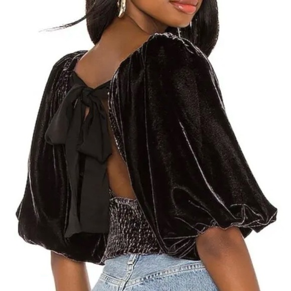 Free People Maria Black Velvet Puff Sleeve Tie Back Crop Top Size XS - Picture 5 of 8